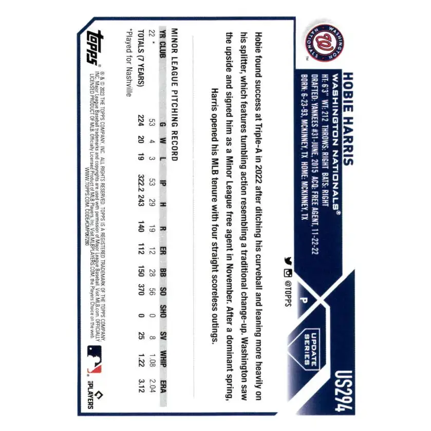 2023 Topps Update Series #US294 Hobie Harris NM-MT RC Rookie Washington Nationals Baseball Card