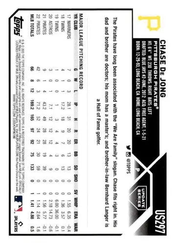 2023 Topps Update Series #US297 Chase De Jong NM-MT Pirates ID:73898 - Baseball Card Single