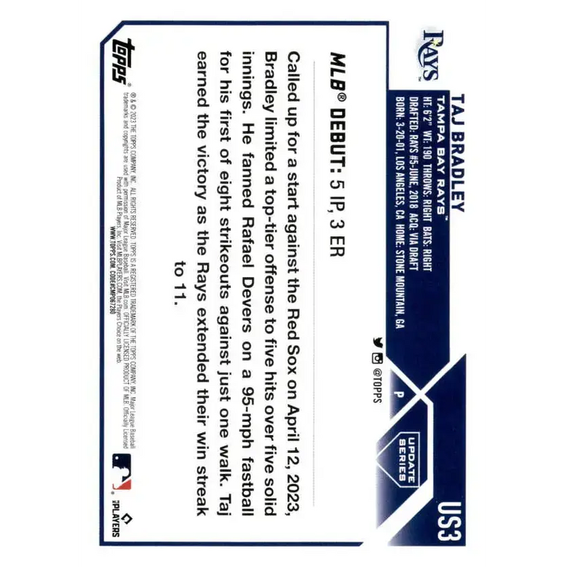 2023 Topps Update Series #US3 Taj Bradley NM-MT Tampa Bay Rays Baseball Card - Baseball Card Single