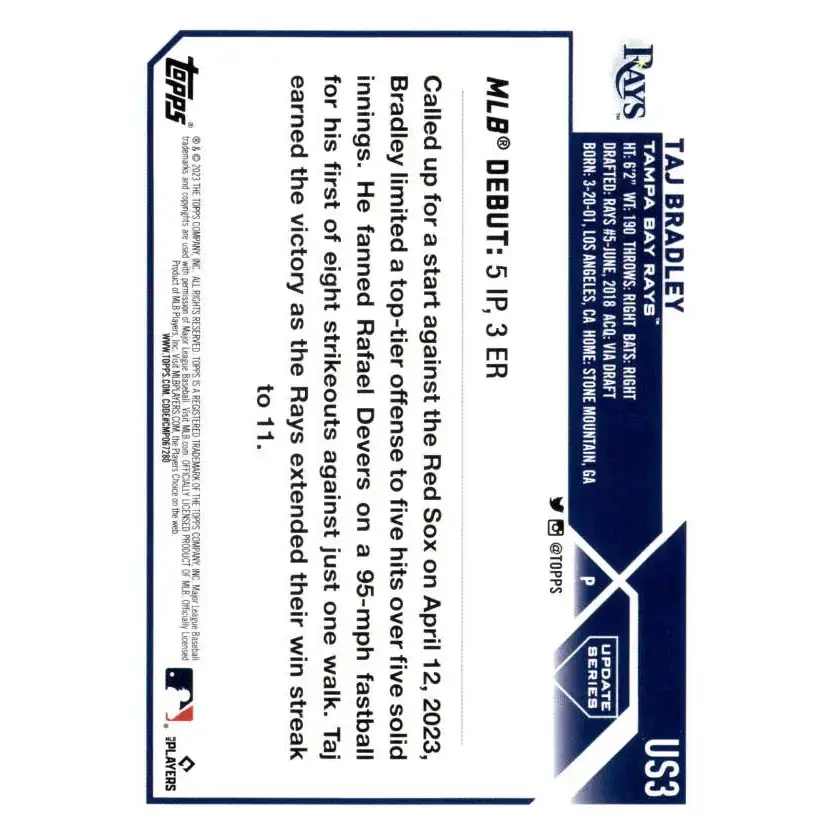 2023 Topps Update Series #US3 Taj Bradley NM-MT Tampa Bay Rays Baseball Card - Baseball Card