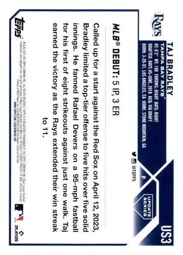 2023 Topps Update Series Taj Bradley baseball card with original gloss near mint Rays rookie
