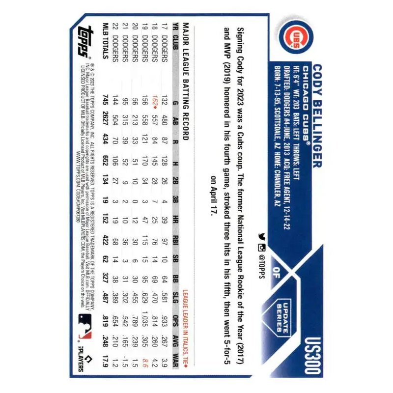 2023 Topps Update Series #US300 Cody Bellinger NM-MT Chicago Cubs Baseball Card - Baseball Card Single