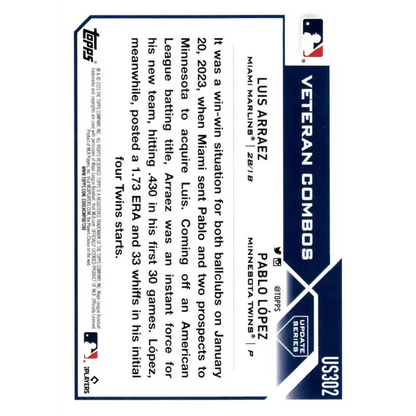 2023 Topps Update Series #US302 Pablo Lopez/Luis Arraez NM-MT Minnesota Twins/Miami Marlins Baseball Card - Baseball