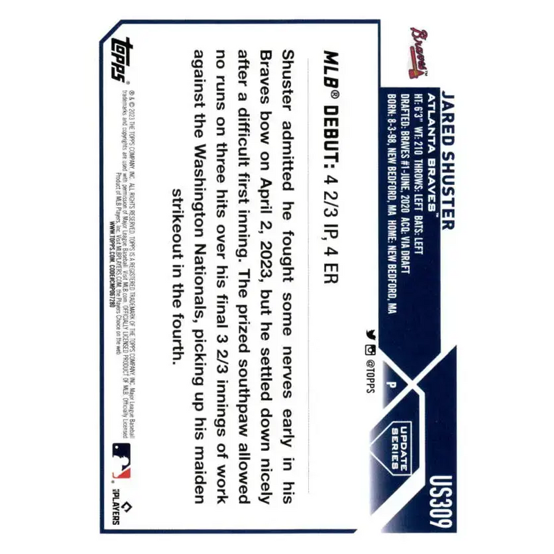 2023 Topps Update Series #US309 Jared Shuster NM-MT Atlanta Braves Baseball Card - Baseball Card Single