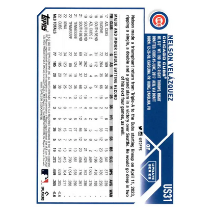 2023 Topps Update Series #US31 Nelson Velazquez NM-MT RC Rookie Chicago Cubs Baseball Card - Baseball Card