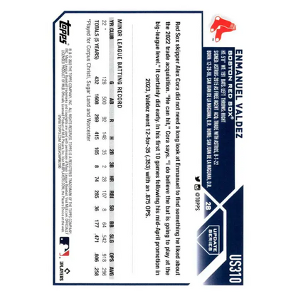 2023 Topps Update Series #US310 Enmanuel Valdez NM-MT RC Rookie Boston Red Sox Baseball Card - Baseball Card