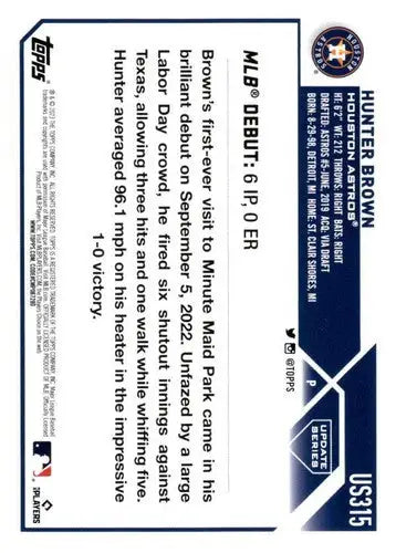 2023 Topps Update Series US315 Hunter Brown Astros Rookie baseball card near mint