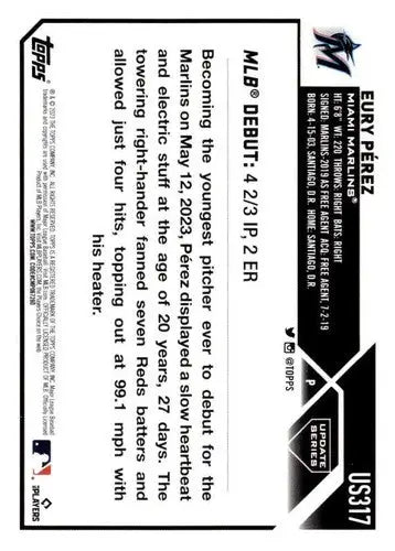 Eury Perez baseball card from 2023 Topps Update Series US317 Eury Pєrez Marlins rookie