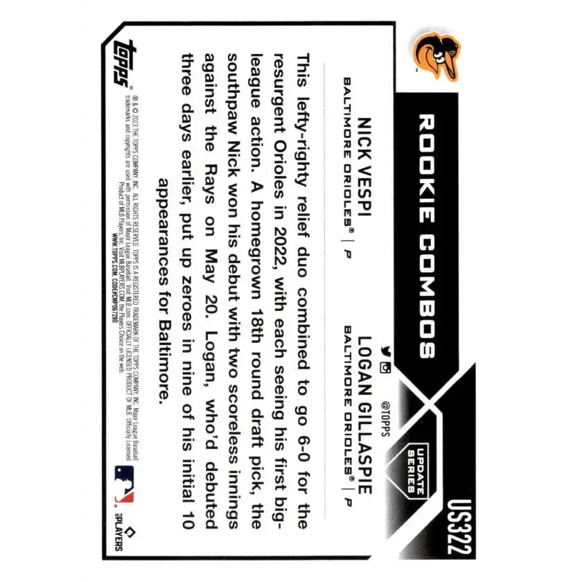 2023 Topps Update Series #US322 Logan Gillaspie/Nick Vespi NM-MT RC Rookie Baltimore Orioles Baseball Card - Baseball