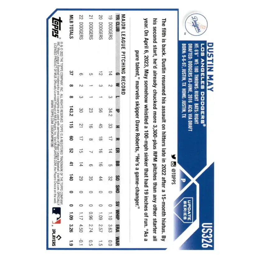2023 Topps Update Series #US326 Dustin May NM-MT Los Angeles Dodgers Baseball Card