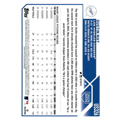 2023 Topps Update Series #US326 Dustin May NM-MT Los Angeles Dodgers Baseball Card