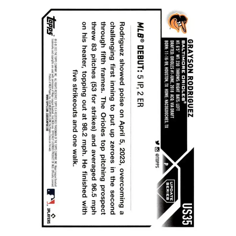 2023 Topps Update Series #US35 Grayson Rodriguez NM-MT Baltimore Orioles Baseball Card - Baseball Card Single