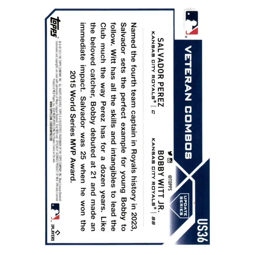 2023 Topps Update Series #US36 Salvador Perez/Bobby Witt Jr. NM-MT Kansas City Royals Baseball Card - Baseball Card