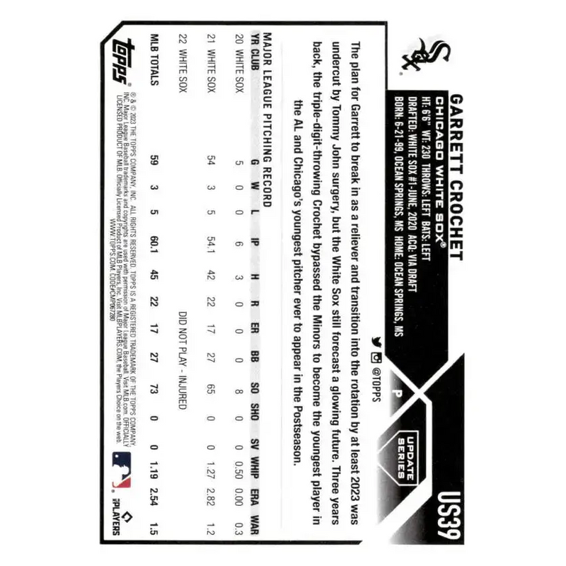 2023 Topps Update Series #US39 Garrett Crochet NM-MT Chicago White Sox Baseball Card - Baseball Card Single
