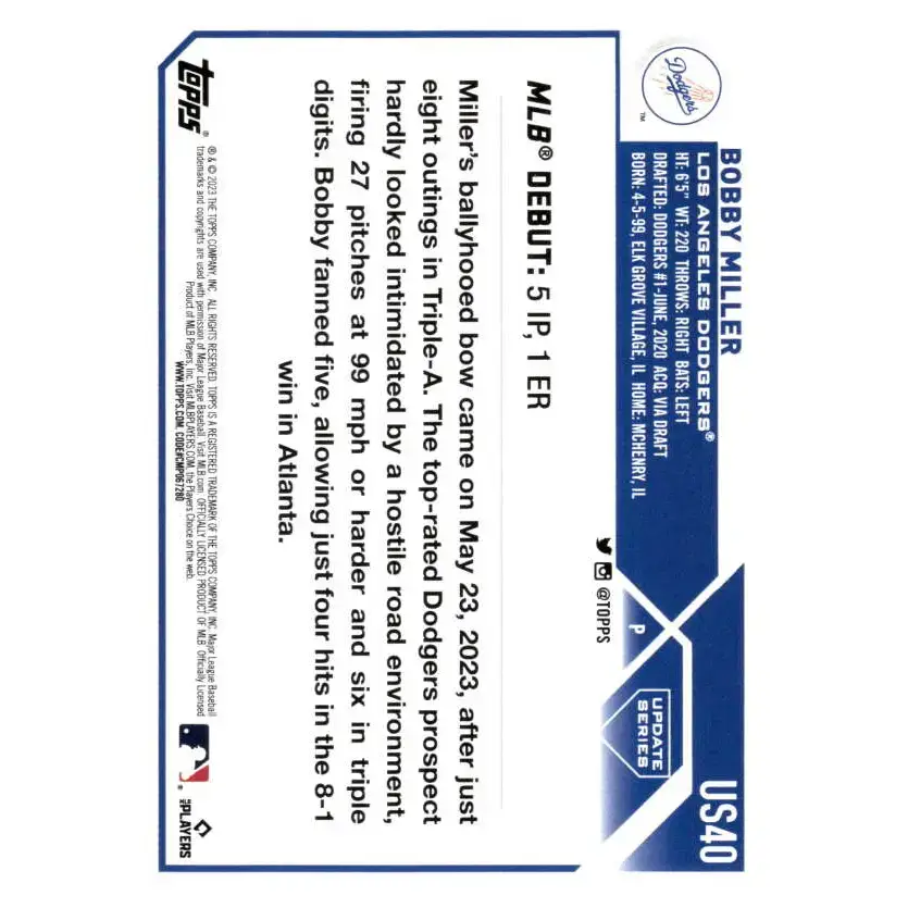 2023 Topps Update Series #US40 Bobby Miller NM-MT Los Angeles Dodgers Baseball Card - Baseball Card