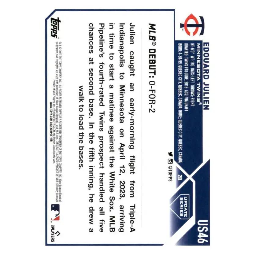 2023 Topps Update Series #US46 Edouard Julien NM-MT Minnesota Twins Baseball Card - Baseball Card