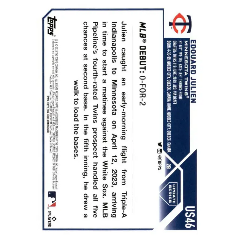 2023 Topps Update Series #US46 Edouard Julien NM-MT Minnesota Twins Baseball Card - Baseball Card Single