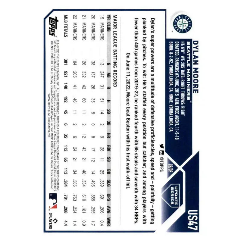 2023 Topps Update Series #US47 Dylan Moore NM-MT Seattle Mariners Baseball Card - Baseball Card Single
