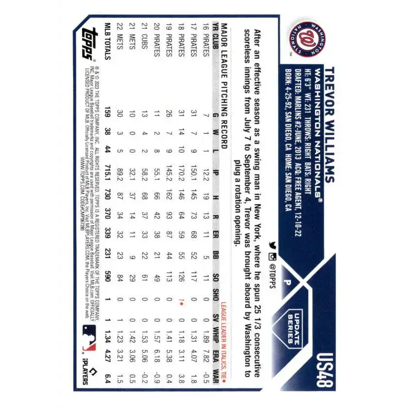 2023 Topps Update Series #US48 Trevor Williams NM-MT Washington Nationals Baseball Card - Baseball Card Single