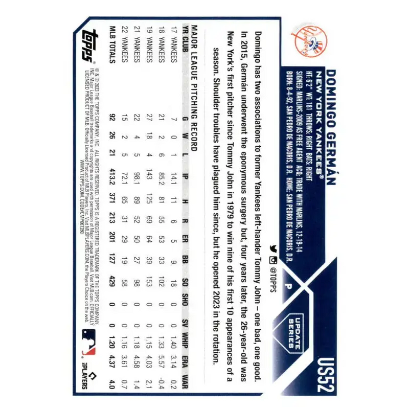 2023 Topps Update Series #US52 Domingo German NM-MT New York Yankees Baseball Card - Baseball Card Single