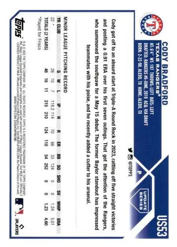 Baseball card back with original gloss from 2023 Topps Update Series Rookie RC