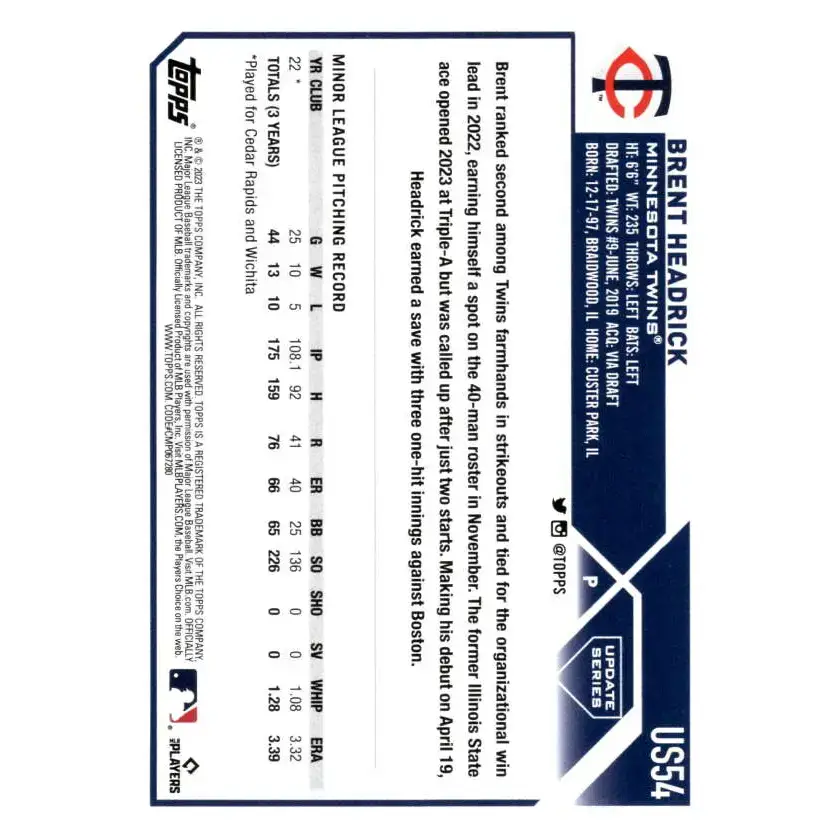 2023 Topps Update Series #US54 Brent Headrick NM-MT RC Rookie Minnesota Twins Baseball Card - Baseball Card Single