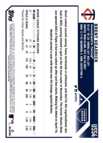 2023 Topps Update Series #US54 Brent Headrick NM-MT RC Rookie Twins ID:67643 - Baseball Card Single