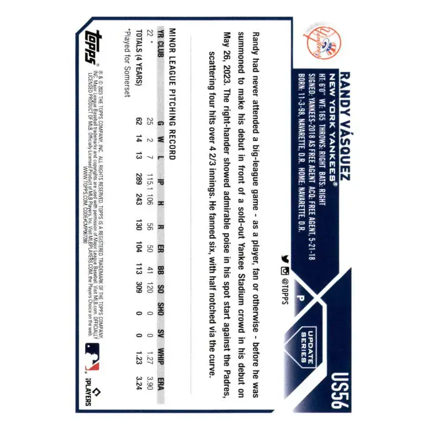 2023 Topps Update Series #US56 Randy Vasquez NM-MT RC Rookie New York Yankees Baseball Card - Baseball Card