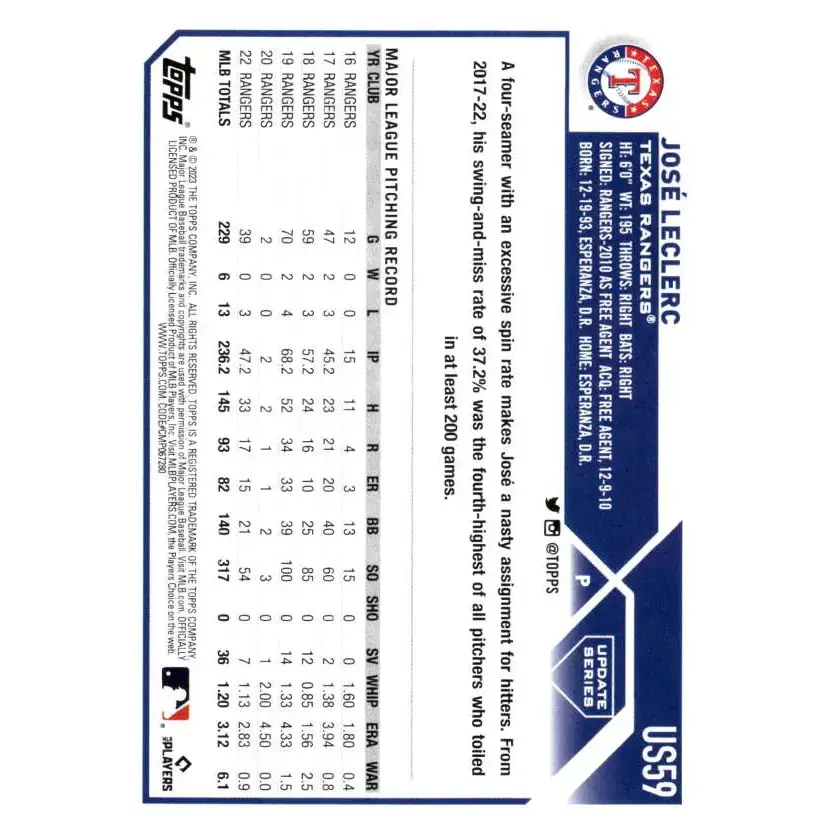 2023 Topps Update Series #US59 Jose Leclerc NM-MT Texas Rangers Baseball Card - Baseball Card