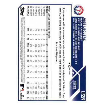 2023 Topps Update Series #US59 Jose Leclerc NM-MT Texas Rangers Baseball Card - Baseball Card