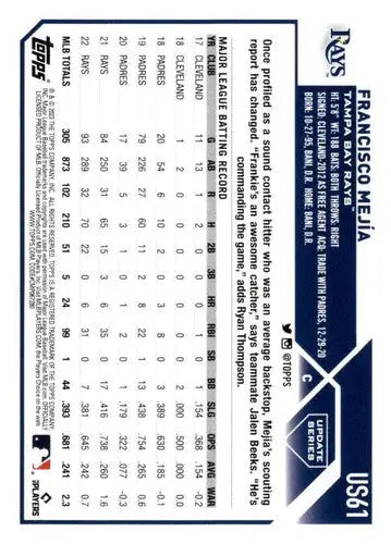2023 Topps Update Series #US61 Francisco Mejia NM-MT Rays ID:63820 - Baseball Card Single