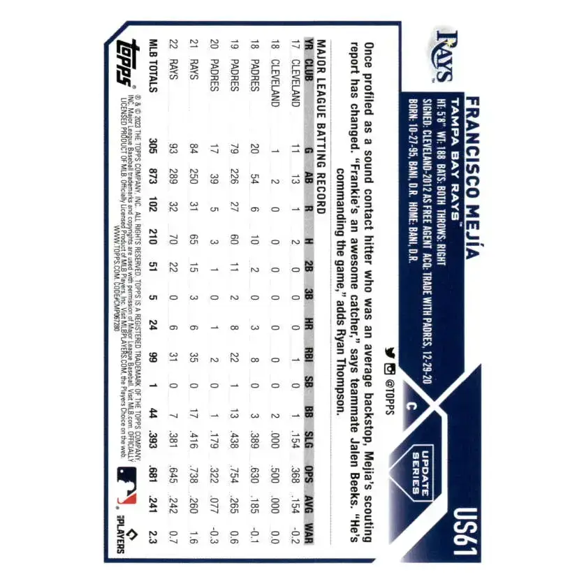 2023 Topps Update Series #US61 Francisco Mejia NM-MT Tampa Bay Rays Baseball Card - Baseball Card