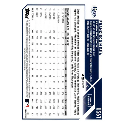 2023 Topps Update Series #US61 Francisco Mejia NM-MT Tampa Bay Rays Baseball Card - Baseball Card