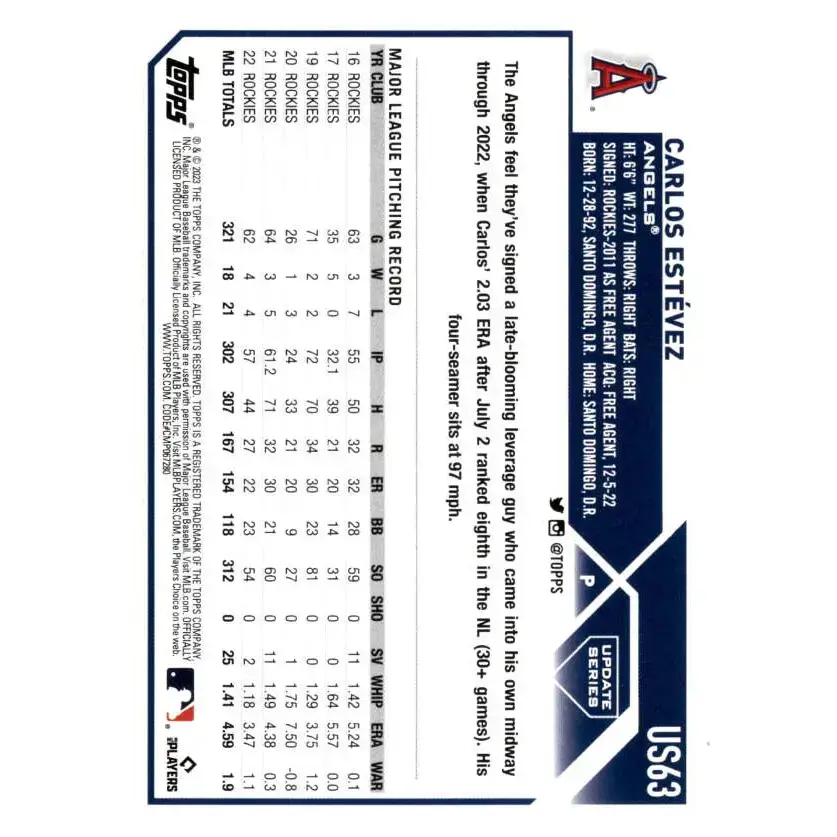 2023 Topps Update Series #US63 Carlos Estevez NM-MT Los Angeles Angels Baseball Card - Baseball Card