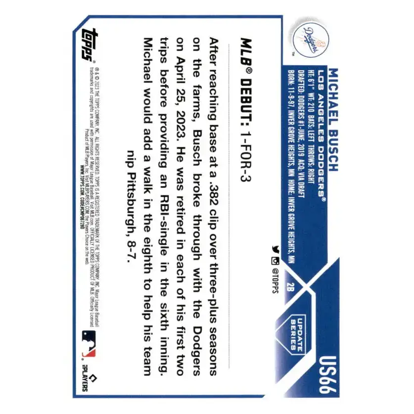 2023 Topps Update Series #US66 Michael Busch NM-MT Los Angeles Dodgers Baseball Card - Baseball Card