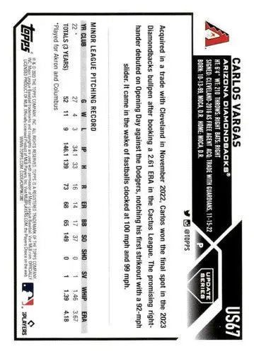 2023 Topps Update Series #US67 Carlos Vargas NM-MT RC Rookie Diamondbac ID:63458 - Baseball Card Single
