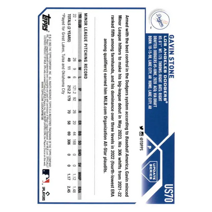 2023 Topps Update Series #US70 Gavin Stone NM-MT RC Rookie Los Angeles Dodgers Baseball Card - Baseball Card