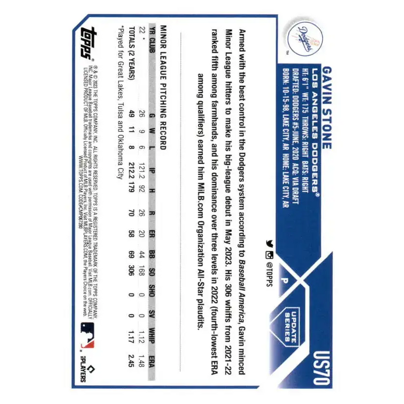 2023 Topps Update Series #US70 Gavin Stone NM-MT RC Rookie Los Angeles Dodgers Baseball Card - Baseball Card Single