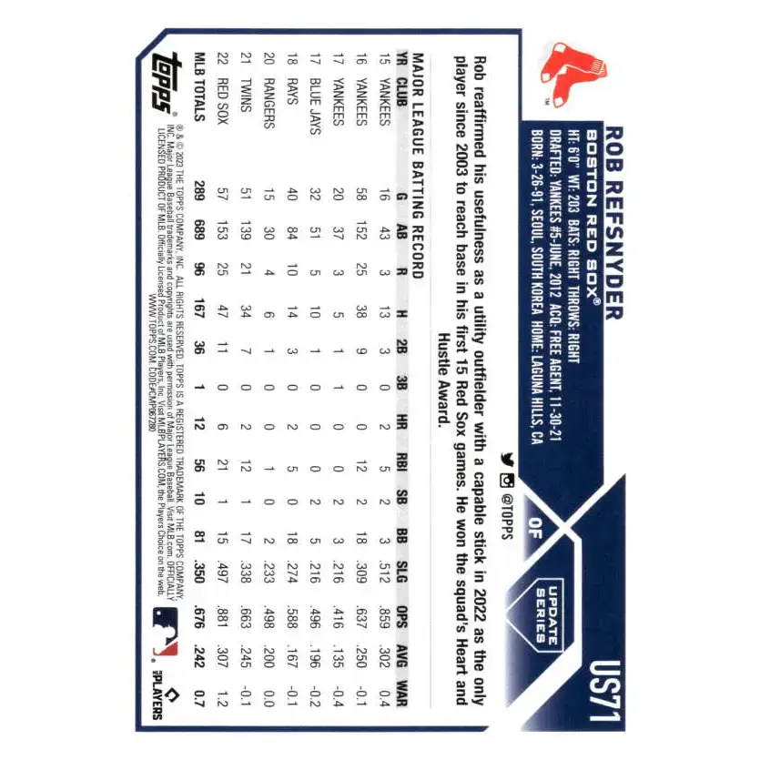 2023 Topps Update Series #US71 Rob Refsnyder NM-MT Boston Red Sox Baseball Card - Baseball Card