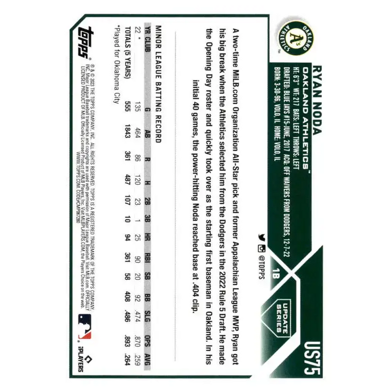 2023 Topps Update Series #US75 Ryan Noda NM-MT RC Rookie Oakland Athletics Baseball Card - Baseball Card Single