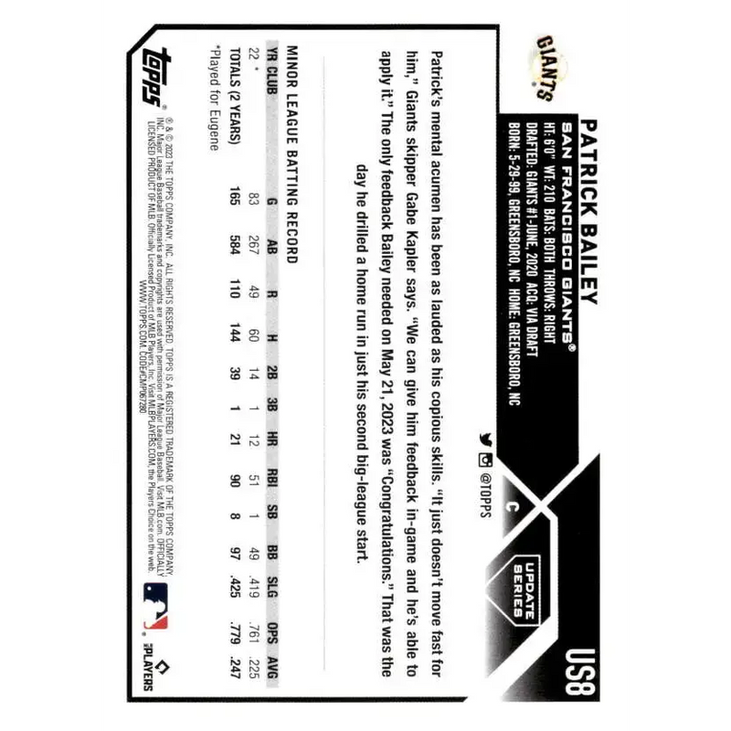 2023 Topps Update Series #US8 Patrick Bailey NM-MT RC Rookie San Francisco Giants Baseball Card - Baseball Card Single