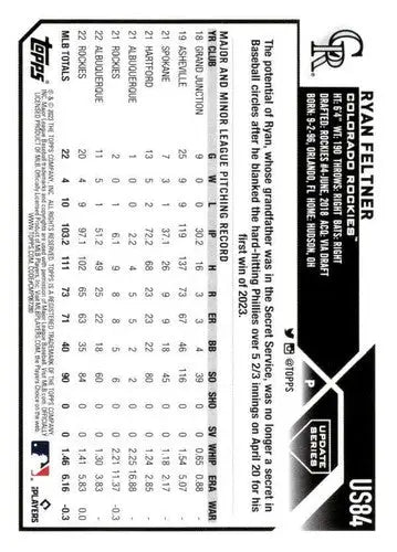 2023 Topps Update Series #US84 Ryan Feltner NM-MT Rockies ID:67647 - Baseball Card Single