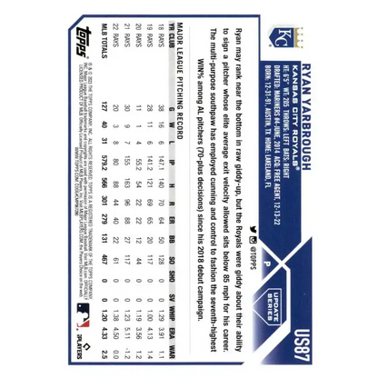2023 Topps Update Series #US87 Ryan Yarbrough NM-MT Kansas City Royals Baseball Card - Baseball Card