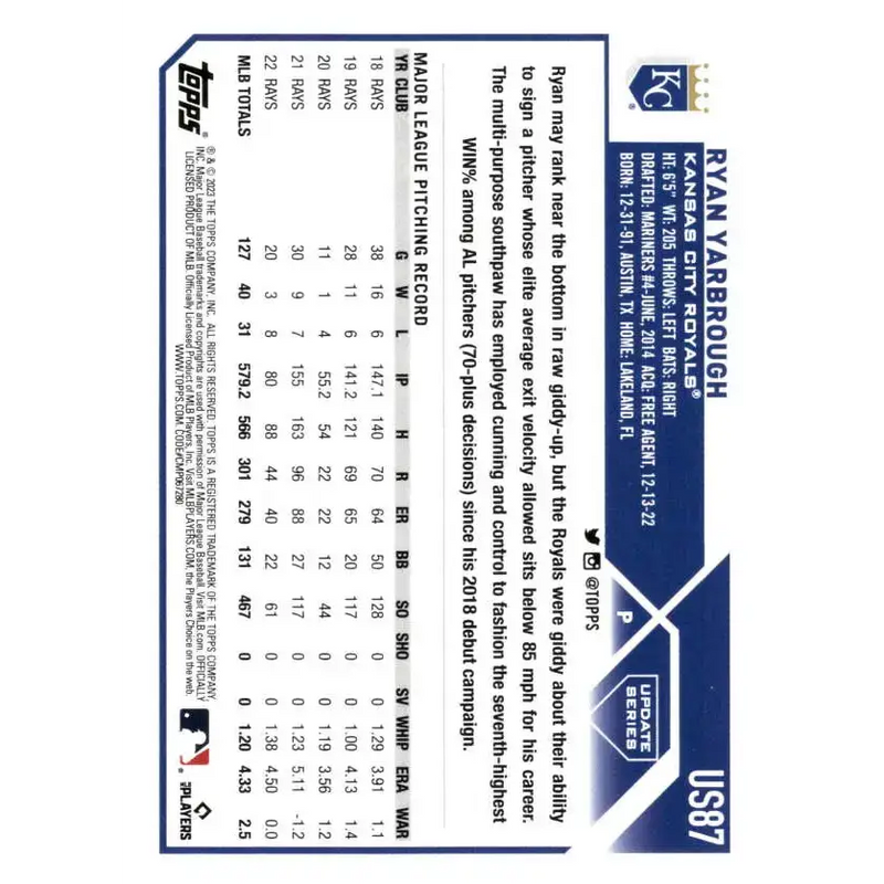 2023 Topps Update Series #US87 Ryan Yarbrough NM-MT Kansas City Royals Baseball Card - Baseball Card Single
