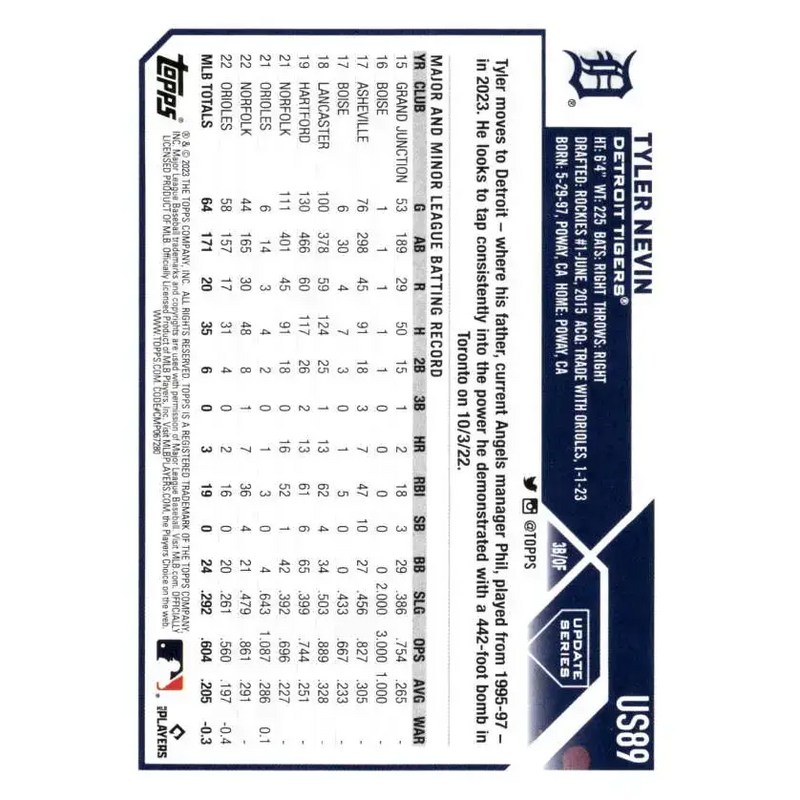 2023 Topps Update Series #US89 Tyler Nevin NM-MT Detroit Tigers Baseball Card