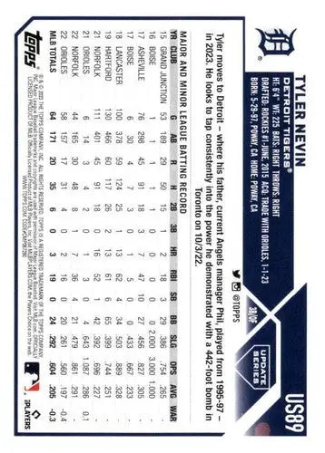 2023 Topps Update Series #US89 Tyler Nevin NM-MT Tigers ID:63887 - Baseball Card Single