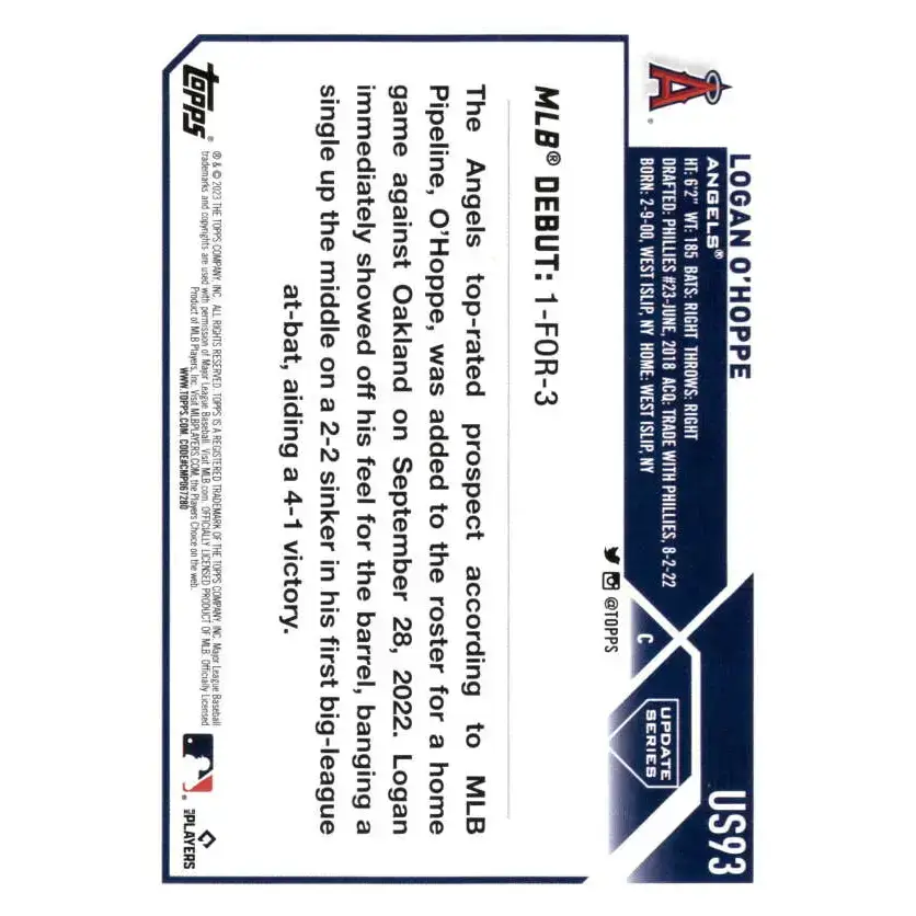 2023 Topps Update Series #US93 Logan O’Hoppe NM-MT Los Angeles Angels Baseball Card - Baseball Card