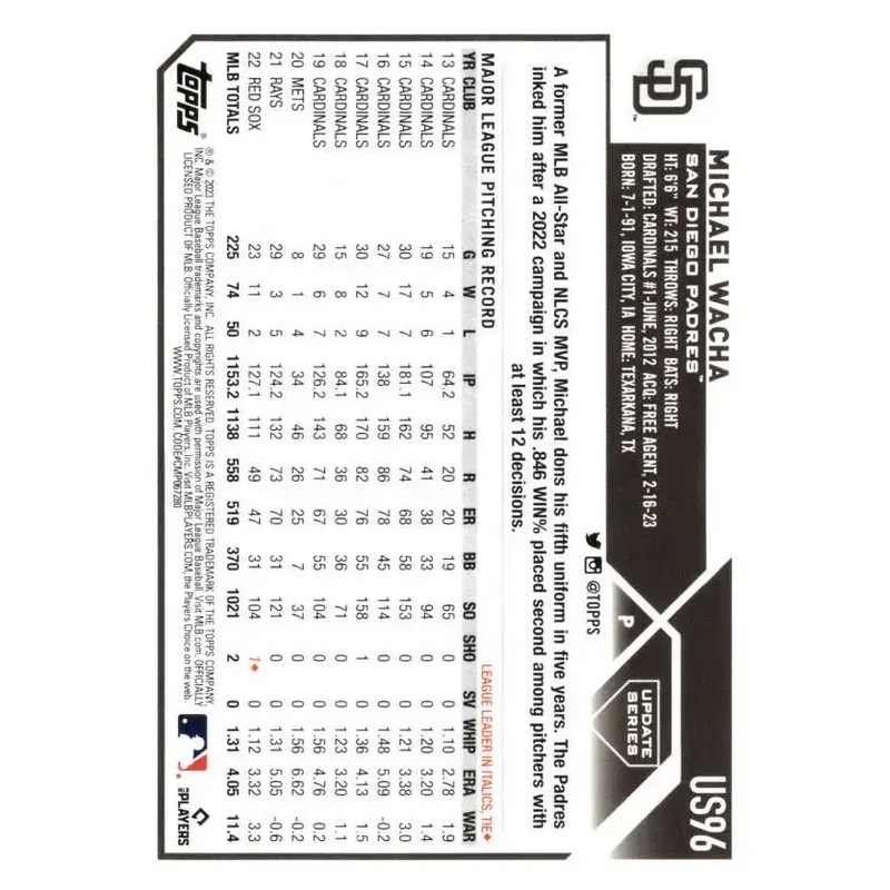 2023 Topps Update Series #US96 Michael Wacha NM-MT San Diego Padres Baseball Card - Baseball Card Single