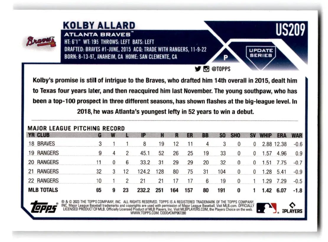 2023 Topps Update #US209 Kolby Allard - Baseball Card Single