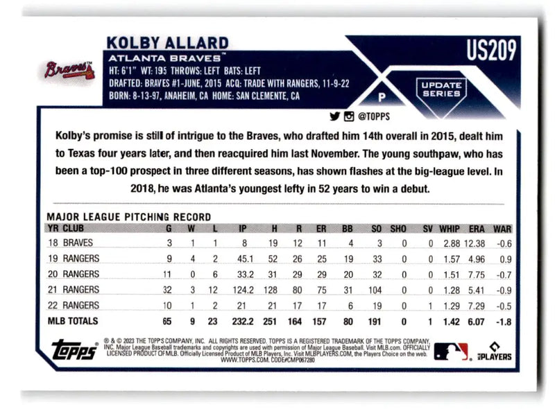 2023 Topps Update #US209 Kolby Allard - Baseball Card Single
